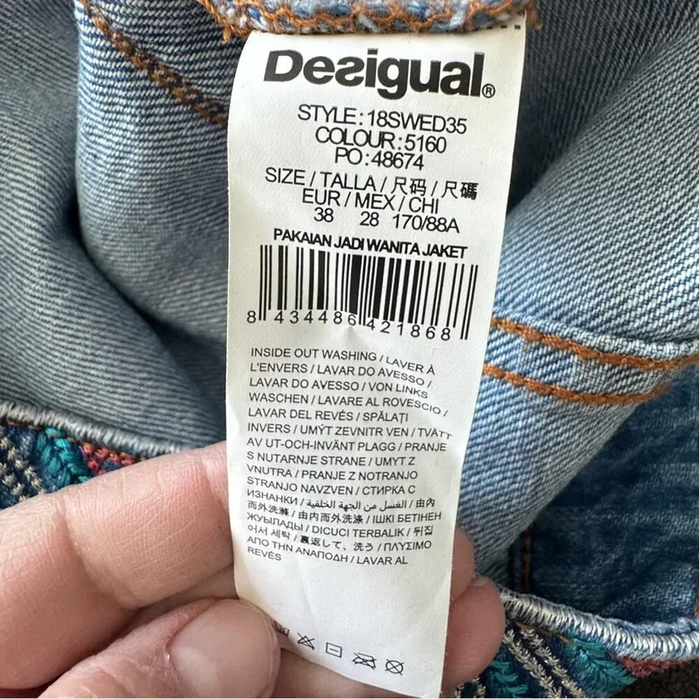 Desigual Fiorella Embroidered Denim Jacket Knitted Sleeves Bohemian Size 4 US - Picture 12 of 13